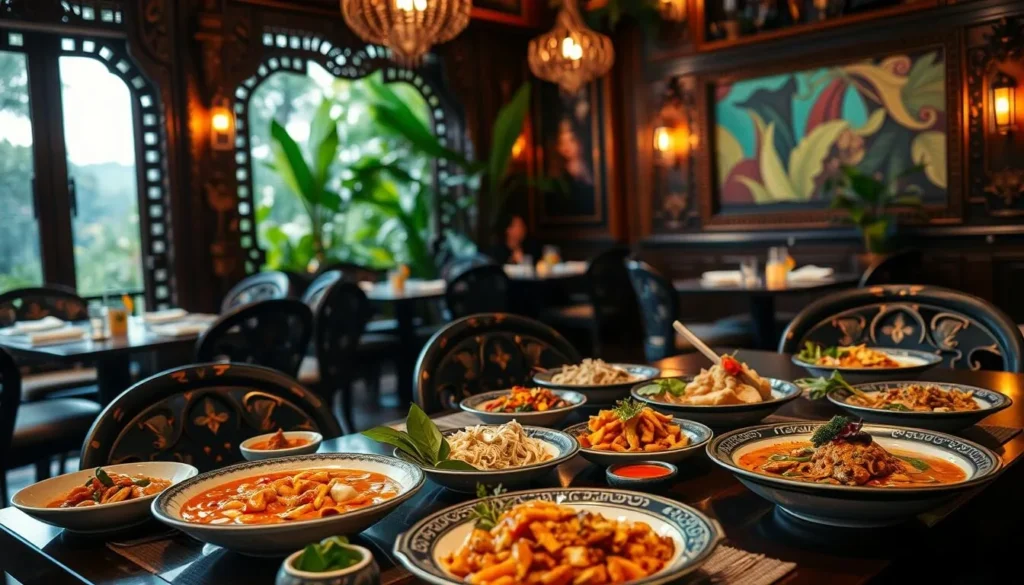 A vibrant scene of an authentic Thai restaurant in Brasilia, Brazil. In the foreground, a table is set with traditional Thai dishes - fragrant curries, aromatic stir-fries, and colorful salads. The middle ground features the restaurant's interior, with intricate wooden carvings, shimmering Thai silk accents, and warm lighting creating a cozy ambiance. In the background, a window frames a lush tropical landscape, hinting at the restaurant's connection to Thailand's vibrant culinary heritage. The overall mood is one of cultural immersion, where the sights, smells, and flavors of Thailand have been expertly recreated, offering diners an authentic gastronomic experience.