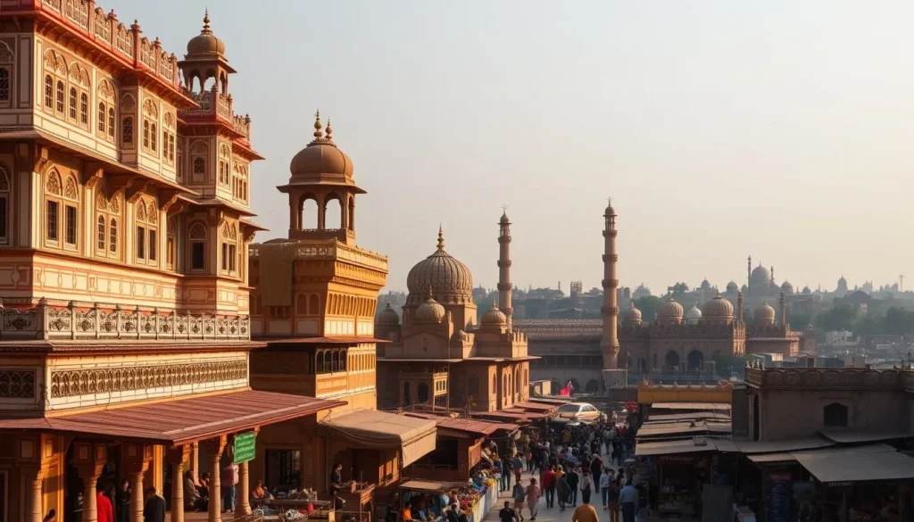 A vibrant scene of cultural landmarks in Uttar Pradesh, India. In the foreground, the ornate façade of a grand Mughal-era palace shimmers in the warm afternoon sunlight. In the middle ground, a historic mosque with towering minarets stands amidst bustling streets lined with colorful shops and vendors. In the background, the silhouettes of ancient forts and temples dot the horizon, creating a picturesque skyline. The atmosphere is filled with the sights and sounds of a thriving cultural hub, inviting the viewer to explore the rich heritage of this captivating region.