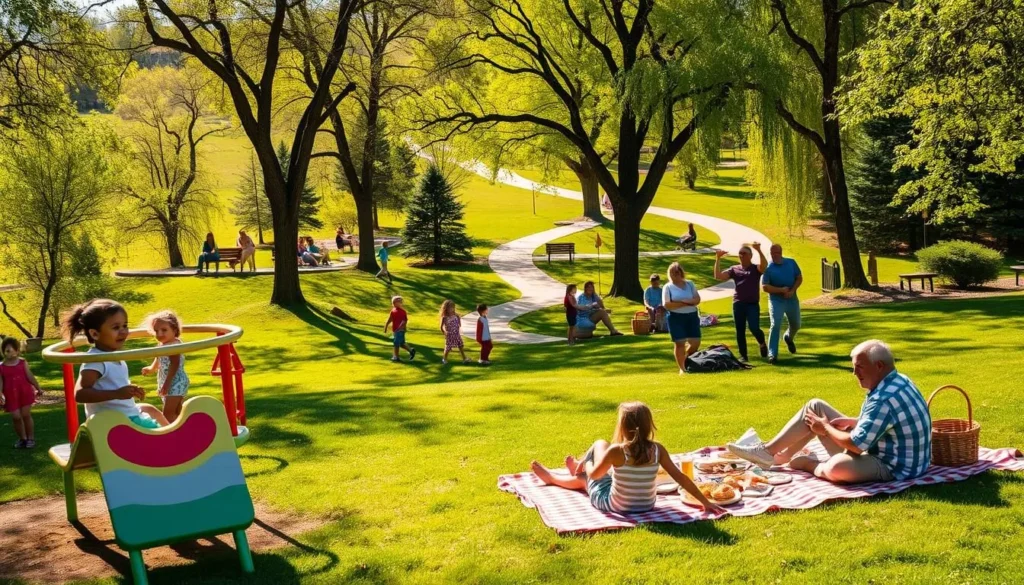 A vibrant scene of family fun activities in a sun-dappled park in Centennial, Colorado. In the foreground, children playing on a colorful jungle gym, their laughter filling the air. Nearby, a family picnicking on a checkered blanket, enjoying a spread of delectable treats. In the middle ground, a group of friends tossing a frisbee, their movements frozen in time. In the background, a lush, verdant landscape with towering trees and a serene, winding path, inviting exploration. Warm, golden lighting bathes the entire scene, creating a sense of comfort and togetherness. The overall atmosphere is one of joy, relaxation, and the perfect balance of activity and tranquility.