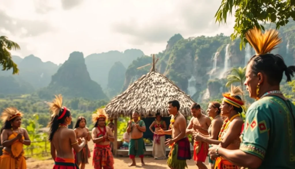 A vibrant scene of indigenous cultural experience unfolds in Canaima National Park, Venezuela. In the foreground, a group of local tribespeople engage in traditional dance and music, their colorful garments and intricate body paint shimmering in the warm sunlight. In the middle ground, a thatched-roof hut stands as a backdrop, its rustic structure complementing the natural surroundings. The lush, verdant landscape of the park fills the background, with towering tepuis (table-top mountains) and cascading waterfalls creating a majestic, awe-inspiring atmosphere. The image is captured with a wide-angle lens, allowing the viewer to fully immerse themselves in the cultural experience, while the soft, diffused lighting adds a sense of tranquility and timelessness to the scene.