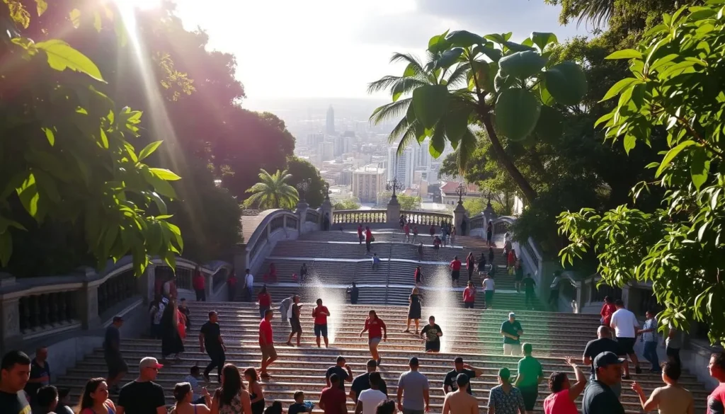 A vibrant scene of the iconic Bonfim Stairs in Salvador, Brazil, as locals gather to participate in the ritual washing of the steps. Sunlight filters through lush tropical foliage, casting a warm glow on the colorful tile patterns. In the foreground, people move with purpose, scrubbing and sprinkling water, their movements choreographed in a centuries-old tradition. The middle ground showcases the grand staircase, its sweeping curves and ornate railings a testament to the city's rich architectural heritage. In the background, the skyline of Salvador rises, a mix of colonial buildings and modern high-rises. The atmosphere is one of community, spirituality, and the enduring cultural practices that make Brazil's festivals so vibrant and unique.