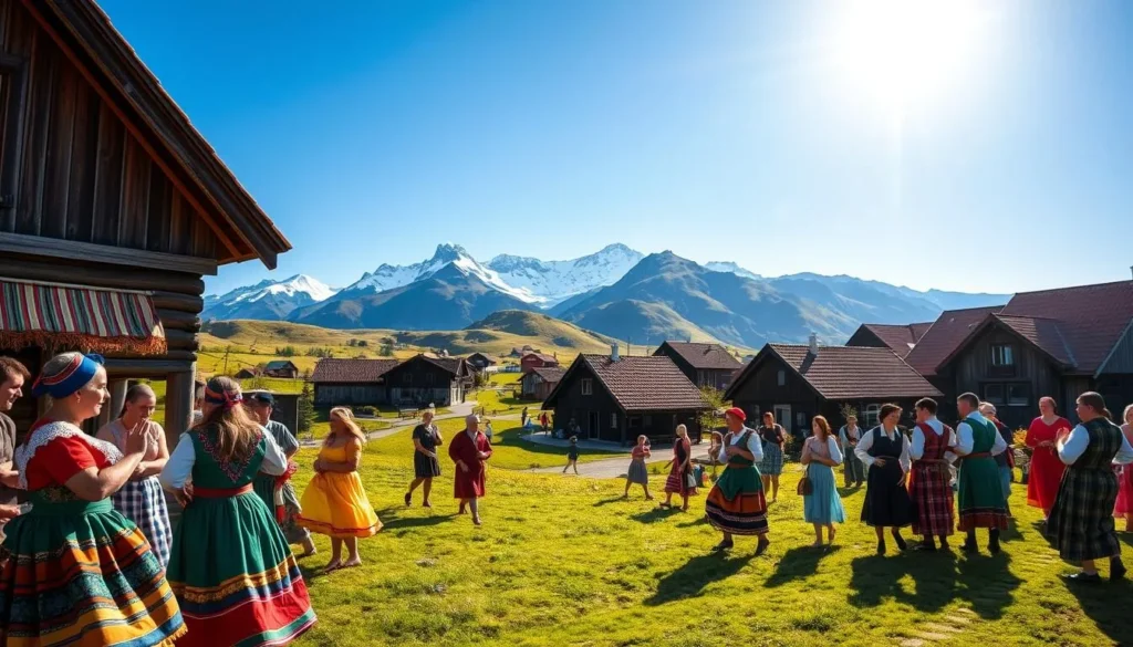 A vibrant scene of traditional Bodo culture unfolds under the warm glow of a Nordic summer sun. In the foreground, a group of colorfully dressed Bodo people engage in lively folk dances, their intricate movements reflecting centuries of heritage. The middle ground features a collection of quaint, timber-framed houses with distinctive red-tile roofs, surrounded by lush, rolling hills. In the background, the majestic Saltfjellet mountain range rises majestically, its snow-capped peaks piercing the azure sky. The composition exudes a sense of timeless tradition, inviting the viewer to immerse themselves in the rich cultural tapestry of this enchanting Norwegian town.