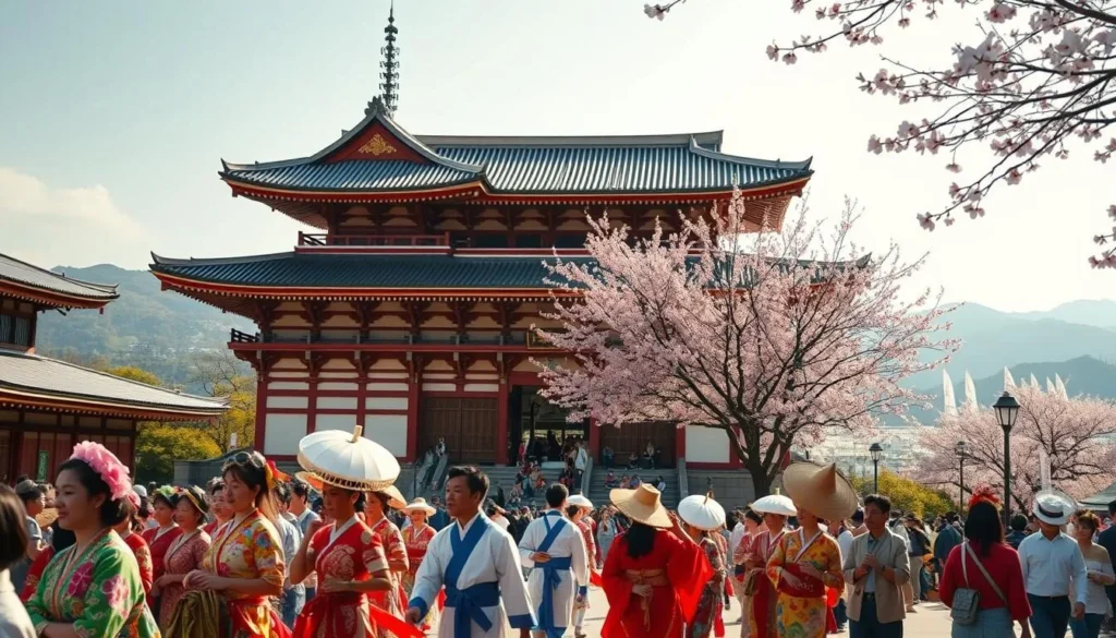 A vibrant scene of traditional Japanese cultural celebrations, captured on a pleasant day. In the foreground, a lively parade with colorfully dressed dancers and musicians, their movements flowing gracefully. In the middle ground, a serene temple stands tall, its intricate architecture and ornate details illuminated by soft, warm lighting. In the background, a scenic landscape of rolling hills and cherry blossom trees, their delicate pink petals drifting gently in the breeze. The overall atmosphere is one of joyous celebration, rich cultural heritage, and tranquil natural beauty.
