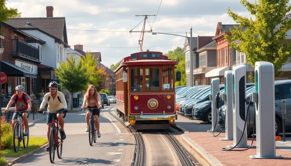 A vibrant scene showcasing the transportation options in the charming town of Pittsford, New York. In the foreground, a group of cyclists leisurely pedal along the picturesque canal towpath, passing by quaint shops and restaurants. In the middle ground, a vintage trolley car glides down the main street, its polished brass fittings gleaming in the warm afternoon sunlight. In the background, a fleet of electric vehicles charge quietly at a modern charging station, blending seamlessly with the town's historic architecture. The overall atmosphere is one of sustainable, efficient, and eco-friendly mobility, inviting visitors to explore Pittsford's delightful sights and attractions.