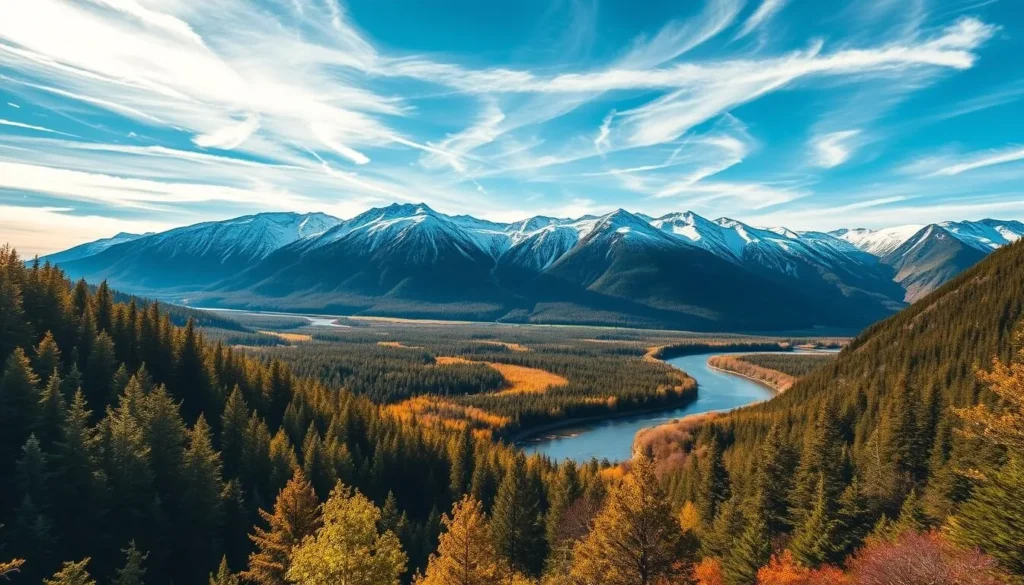 A vibrant, scenic landscape depicting the seasonal changes of Vattis National Park, Norway. A lush, verdant forest in the foreground, with a winding river cutting through the middle ground. In the background, majestic snow-capped mountains rise up, casting long shadows across the scene. The sky is a brilliant blue, with wispy clouds drifting overhead, creating a sense of tranquility and natural beauty. The lighting is warm and golden, illuminating the details of the foliage and the play of light on the water. The overall mood is one of serene exploration, inviting the viewer to immerse themselves in the park's enchanting seasonal transformations.
