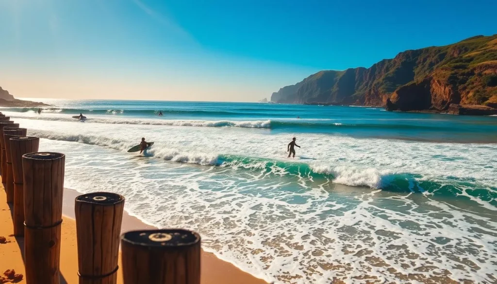 A vibrant seascape with sun-dappled waves crashing onto a sandy beach. In the foreground, surfers glide across the curling swells, their silhouettes etched against the azure sky. The middle ground features weathered wooden pier posts and a row of traditional reed-thatched cabaña huts lining the shore. In the distance, rugged cliffs rise up, their slopes dotted with lush greenery. Warm, golden light filters through the scene, creating a sense of tranquility and natural beauty. Capture the essence of an idyllic surf spot in this coastal paradise.