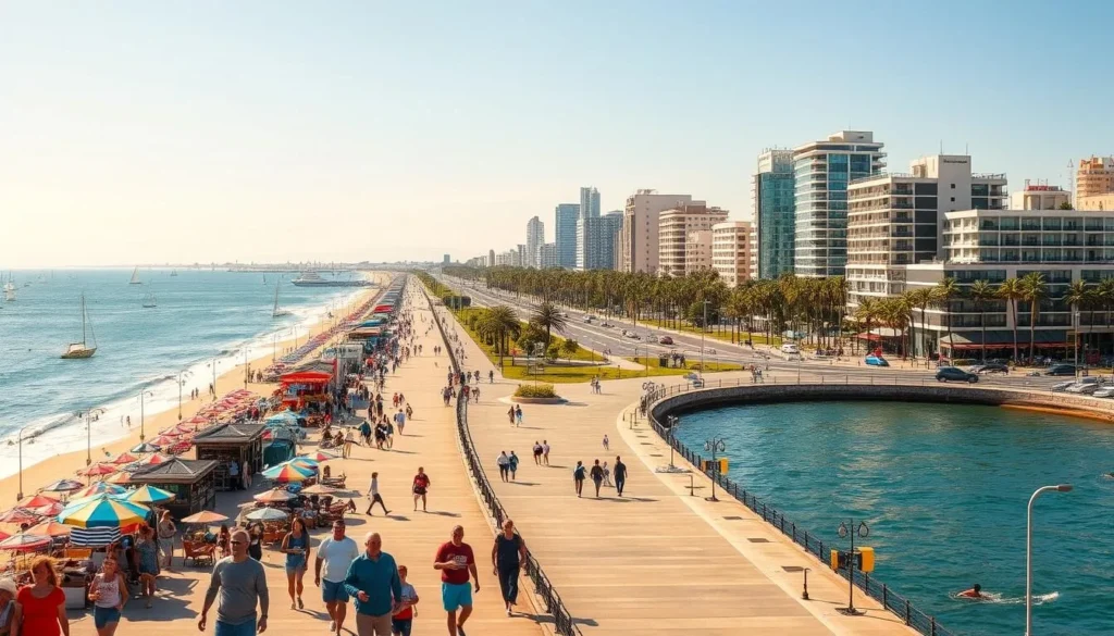 A vibrant seaside cityscape of Ciudad De La Costa, Uruguay, on a sunny day. In the foreground, families stroll along the promenade, admiring the bustling beachfront lined with colorful umbrellas and lively cafes. The middle ground features the iconic Rambla Costanera, a picturesque oceanfront road flanked by palm trees and modern high-rise buildings. In the distance, the azure waters of the Rio de la Plata stretch out, with sailboats dotting the horizon. The scene is bathed in warm, golden light, creating a welcoming and vibrant atmosphere that captures the essence of this coastal gem. A vibrant seaside cityscape of Ciudad De La Costa, Uruguay, on a sunny day. In the foreground, families stroll along the promenade, admiring the bustling beachfront lined with colorful umbrellas and lively cafes. The middle ground features the iconic Rambla Costanera, a picturesque oceanfront road flanked by palm trees and modern high-rise buildings. In the distance, the azure waters of the Rio de la Plata stretch out, with sailboats dotting the horizon. The scene is bathed in warm, golden light, creating a welcoming and vibrant atmosphere that captures the essence of this coastal gem.