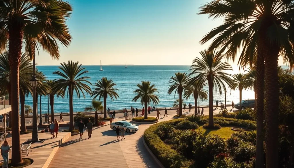 A vibrant seaside promenade on a sunny afternoon in Ciudad De La Costa, Uruguay. Warm golden light filters through palm trees lining the boardwalk, casting long shadows. Beachgoers stroll, chatting and enjoying the gentle ocean breeze. In the distance, the tranquil waters of the Rio de la Plata glisten, with sailboats dotting the horizon. Lush greenery and well-manicured gardens frame the scene, creating a picturesque and serene atmosphere. A wide-angle lens captures the full breadth of this idyllic coastal town, inviting viewers to imagine themselves strolling along the promenade on the perfect day to visit Ciudad De La Costa. A vibrant seaside promenade on a sunny afternoon in Ciudad De La Costa, Uruguay. Warm golden light filters through palm trees lining the boardwalk, casting long shadows. Beachgoers stroll, chatting and enjoying the gentle ocean breeze. In the distance, the tranquil waters of the Rio de la Plata glisten, with sailboats dotting the horizon. Lush greenery and well-manicured gardens frame the scene, creating a picturesque and serene atmosphere. A wide-angle lens captures the full breadth of this idyllic coastal town, inviting viewers to imagine themselves strolling along the promenade on the perfect day to visit Ciudad De La Costa.