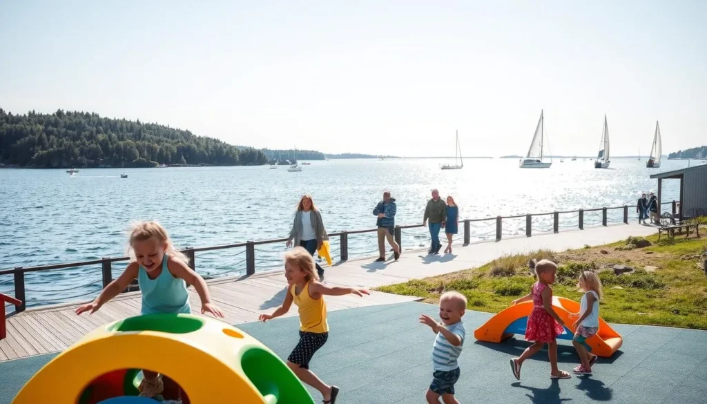 A vibrant seaside town in Blekinge, Sweden, comes alive with family-friendly activities. In the foreground, children play on a colorful, modern playground, laughter echoing through the crisp, coastal air. In the middle ground, parents stroll along a picturesque boardwalk, admiring the gently lapping waves and the sun-dappled forests in the background. Sailboats dot the horizon, their white sails billowing in the breeze. The scene radiates a sense of warmth, joy, and adventure, inviting visitors to immerse themselves in the natural beauty and charming atmosphere of this idyllic Swedish region.