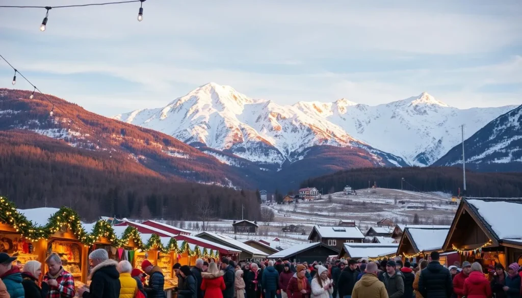 A vibrant seasonal festival unfolds against the majestic backdrop of the Vinnufjellet Mountains in Sweden. In the foreground, colorfully dressed locals and visitors gather around festive stalls, sampling local delicacies and browsing artisanal crafts. Strings of twinkling lights hang overhead, casting a warm glow across the scene. In the middle ground, traditional wooden cabins and structures nestle between the rolling hills, their roofs dusted with a light layer of snow. The towering, snow-capped peaks of the Vinnufjellet range rise majestically in the distance, bathed in the soft, golden light of the afternoon sun. The atmosphere is one of vibrant celebration, community, and appreciation for the natural splendor of this enchanting Nordic landscape.