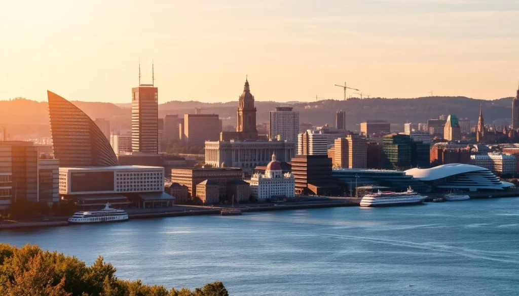 A vibrant skyline of Oslo's iconic architecture, bathed in warm, golden afternoon light. In the foreground, the striking silhouettes of the Oslo Opera House and the Deichman Library stand tall, their modern, angular forms casting dramatic shadows. In the middle ground, the historic buildings of the city center, including the grand Akershus Fortress, blend seamlessly with contemporary high-rises, creating a harmonious urban landscape. The background is dominated by the majestic Oslofjord, its serene waters reflecting the azure sky above. The scene conveys a sense of dynamic energy and timeless elegance, capturing the essence of Norway's cosmopolitan capital.
