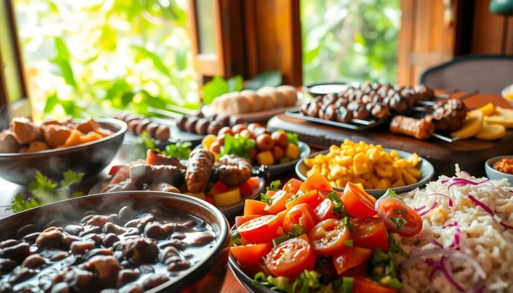 A vibrant spread of traditional Brazilian dishes, captured in a warm, inviting light. In the foreground, a steaming bowl of feijoada, the national stew made with black beans, pork, and sausage. Beside it, a platter of colorful fresh salads, including a bright, zesty Brazilian-style salad with sliced tomatoes, onions, and fresh herbs. In the middle ground, grilled skewers of seasoned meat (churrasco) sizzle on a rustic wooden table, accompanied by platters of crisp fried plantains and tangy farofa, a toasted manioc flour side dish. In the background, an open window offers a glimpse of lush, verdant foliage, creating a lively, convivial atmosphere that evokes the vibrant spirit of Brazilian cuisine.