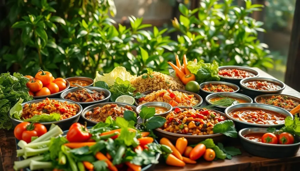 A vibrant spread of traditional Brazilian vegetarian dishes, artfully arranged on a rustic wooden table. In the foreground, a colorful assortment of fresh produce, including crisp greens, juicy tomatoes, and vibrant peppers. In the middle ground, an array of savory bean-based stews, hearty rice and veggie dishes, and flavorful sauces. The background features lush, verdant foliage, casting a warm, natural glow over the scene. The lighting is soft and diffused, highlighting the rich colors and textures of the dishes. The overall atmosphere is one of comfort, nourishment, and a celebration of Brazil's vibrant plant-based culinary traditions.