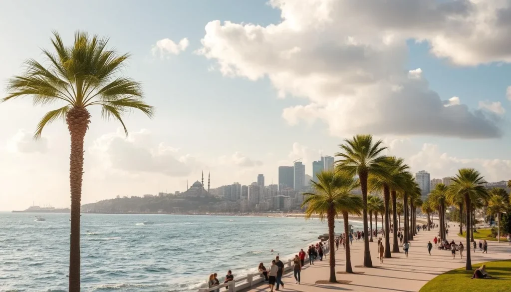 A vibrant spring day in Beirut, Lebanon. The Corniche promenade along the sparkling Mediterranean, with palm trees swaying gently in the warm breeze. In the foreground, people strolling and relaxing on the seaside walkway, taking in the sights and sounds of this bustling coastal city. In the middle ground, the iconic landmarks of Beirut's skyline - the towering Raouche Rocks, the historic mosques and churches, and the modern high-rises. The background features a clear blue sky with fluffy white clouds, casting a soft, golden glow over the scene. Capture the energy, culture, and natural beauty that make Beirut a truly captivating destination in springtime.