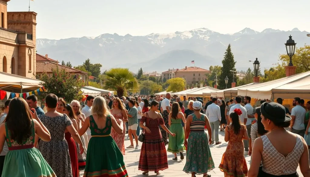 A vibrant spring day in Lebanon, with lively festivals unfolding against a backdrop of historic architecture and lush greenery. In the foreground, people in traditional dress dance to the rhythm of live music, their colorful garments swaying in the gentle breeze. In the middle ground, a bustling marketplace showcases local artisanal crafts, fragrant spices, and freshly picked produce. In the distance, the majestic mountains rise, their snow-capped peaks glistening under the warm sun. The scene is bathed in a soft, golden light, creating a sense of warmth and celebration. The overall atmosphere is one of joy, cultural heritage, and the vibrant spirit of Lebanon's spring festivals.