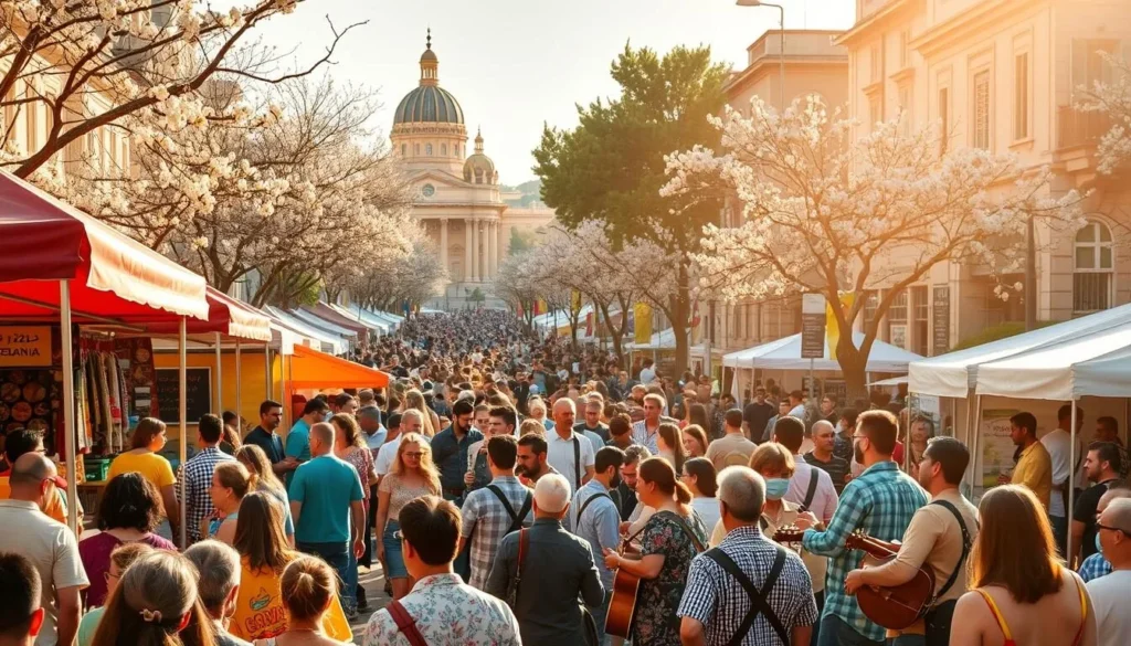 A vibrant spring festival scene in Beirut, Lebanon. In the foreground, a lively crowd gathers around colorful booths and tents, perusing handcrafted wares and sampling traditional Lebanese delicacies. The middle ground features musicians playing local instruments, their melodies filling the air. In the background, the bustling streets of Beirut are lined with blooming trees and historic architecture, bathed in warm, golden sunlight. The atmosphere is festive and joyous, capturing the spirit of celebration that defines the spring festivals of this vibrant city.