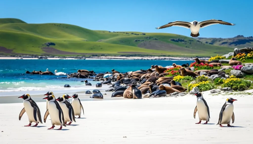 A vibrant spring scene in the Falkland Islands, showcasing the diverse wildlife awakening from the winter months. In the foreground, a group of gentoo penguins waddle across a pristine, sun-dappled beach, their black-and-white feathers glistening. Closer to the water's edge, a colony of southern sea lions bask on the rocks, their powerful bodies and inquisitive expressions capturing the essence of the Falkland Islands' natural splendor. In the middle ground, a majestic black-browed albatross soars gracefully, its wings outstretched against a clear blue sky. The background features a rolling, lush green landscape, dotted with vibrant wildflowers and the silhouettes of distant rocky cliffs, creating a serene and awe-inspiring scene.