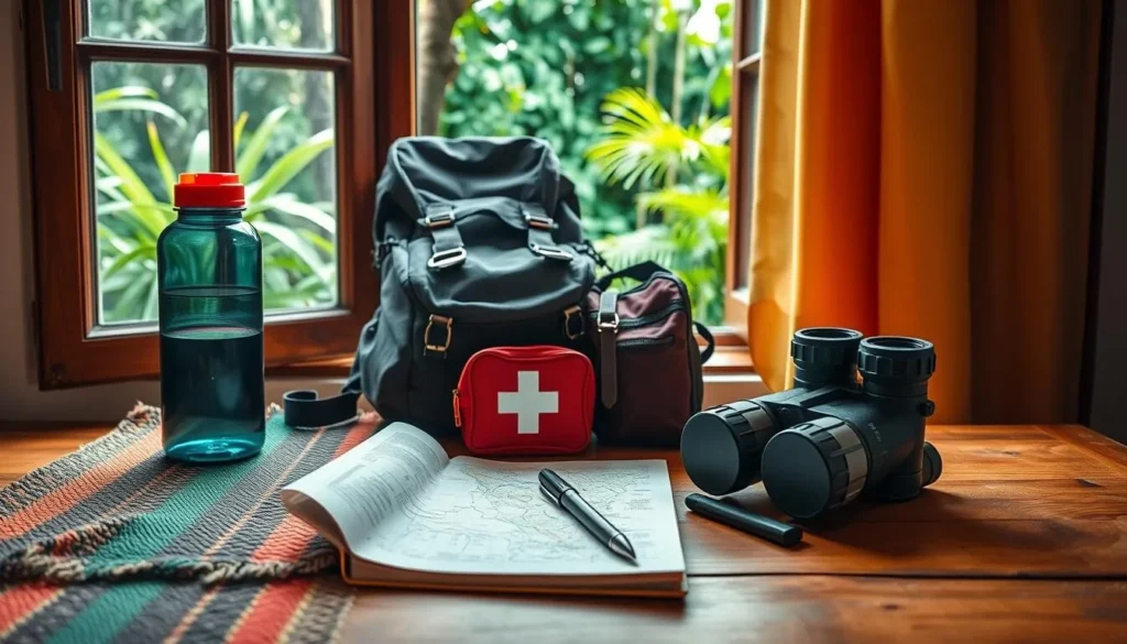 A vibrant still life capturing the essential travel items for a journey to Tingo Maria, Peru. In the foreground, a sturdy backpack, water bottle, and compact first-aid kit sit atop a woven, colorful blanket. Mid-frame, a detailed map, a pair of binoculars, and a well-worn journal with a pen rest on a wooden table. In the background, lush greenery from the nearby Amazon rainforest peeks through an open window, illuminated by soft, natural lighting. The scene exudes a sense of adventure and preparation, perfectly capturing the practical travel essentials needed to explore the wonders of Tingo Maria.