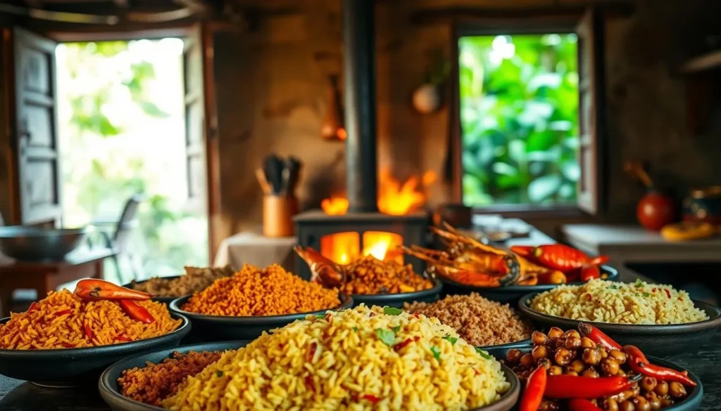 A vibrant still life of Creole cuisine, set against the warm, rustic ambiance of a French Guianese kitchen. In the foreground, an array of colorful dishes showcasing the rich flavors of the region - fragrant rice, tender seafood, and spices that dance on the palate. The middle ground features a wood-fired stove, casting a golden glow over the scene, while the background reveals glimpses of lush, tropical foliage through an open window. The composition is balanced, with natural lighting highlighting the textures and colors of the traditional Creole culinary delights.