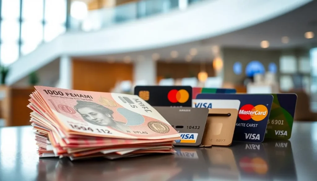 A vibrant still life showcasing the diverse currency and payment methods used in the United Arab Emirates. In the foreground, a stack of Emirati dirhams in varying denominations, their metallic sheen catching the soft, natural light. In the middle ground, an assortment of credit and debit cards, including Visa, Mastercard, and local payment options, neatly arranged. The background features a modern, minimalist setting, perhaps an upscale hotel lobby or high-end retailer, emphasizing the advanced financial infrastructure of the UAE. The composition is balanced, with a sense of elegance and sophistication, reflecting the country's position as a global economic hub.