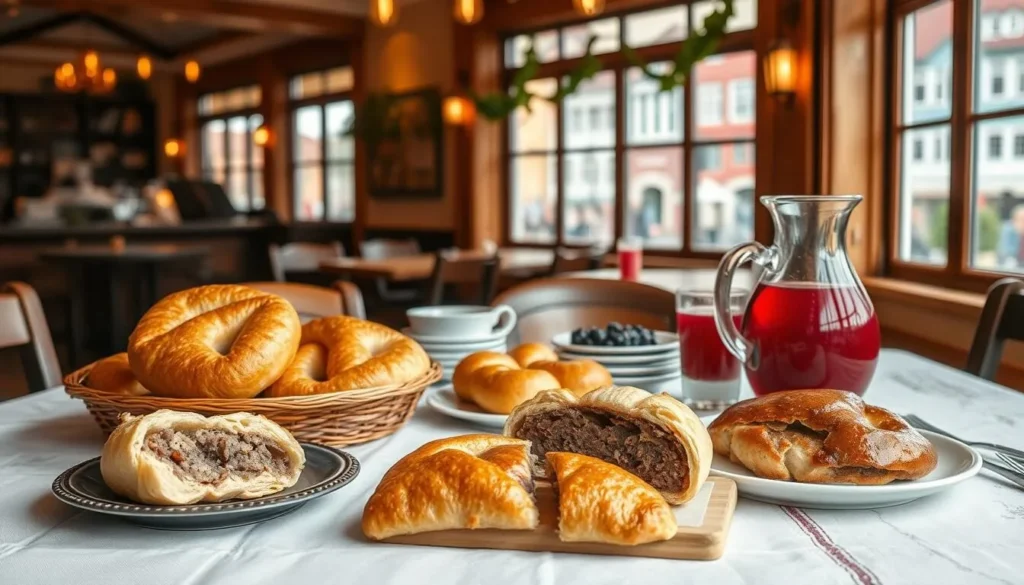 A vibrant still life showcasing the local delicacies of Savonlinna, Finland. In the foreground, an array of traditional Finnish pastries and baked goods, including the iconic Lörsty, a savory meat-filled pastry. The middle ground features a wooden table with a crisp white tablecloth, set with ceramic plates, cutlery, and a carafe of fresh berry juice. The background depicts a cozy cafe interior, with warm lighting filtering through large windows, revealing a picturesque town square outside. The scene evokes a sense of rustic charm and local culinary heritage, inviting the viewer to experience the flavors of Savonlinna.