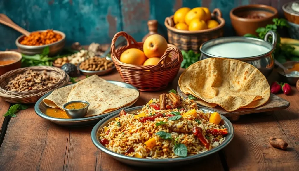 A vibrant still life showcasing the rich diversity of Telangana cuisine on a rustic wooden table. In the foreground, a platter of aromatic biryani with its fragrant spices and tender meat, flanked by crisp dosa served with tangy sambar and cool mint chutney. In the middle ground, a basket of juicy, ripe mango and a copper vessel filled with creamy dahi. The background features a colorful array of local spices, herbs, and ingredients, bathed in warm, natural lighting that enhances the earthy tones and inviting textures. The overall scene evokes a sense of cultural heritage, hospitality, and the vibrant flavors that define the culinary traditions of Telangana. A vibrant still life showcasing the rich diversity of Telangana cuisine on a rustic wooden table. In the foreground, a platter of aromatic biryani with its fragrant spices and tender meat, flanked by crisp dosa served with tangy sambar and cool mint chutney. In the middle ground, a basket of juicy, ripe mango and a copper vessel filled with creamy dahi. The background features a colorful array of local spices, herbs, and ingredients, bathed in warm, natural lighting that enhances the earthy tones and inviting textures. The overall scene evokes a sense of cultural heritage, hospitality, and the vibrant flavors that define the culinary traditions of Telangana.