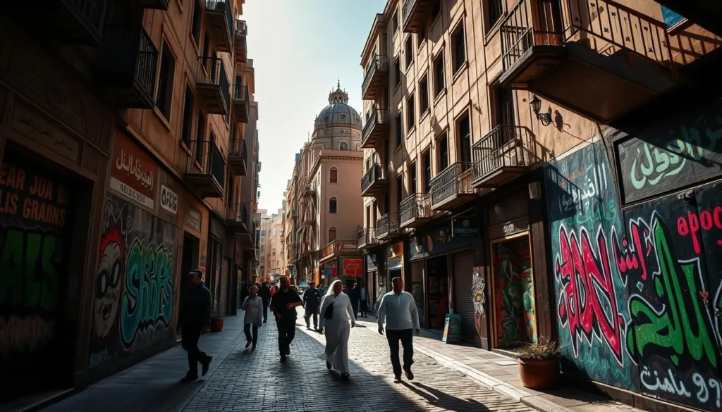 A vibrant street in Al-Balad, Jeddah's historic district, adorned with captivating murals and graffiti. Towering buildings with intricate architectural details frame the scene, casting long shadows across the bustling cobblestone walkways. Sunlight filters through the narrow alleys, illuminating the vivid colors and intricate patterns of the street art. Pedestrians move through the lively atmosphere, their silhouettes adding a sense of energy and life to the composition. The image conveys the rich cultural heritage and artistic expression thriving in this hidden gem of Jeddah.