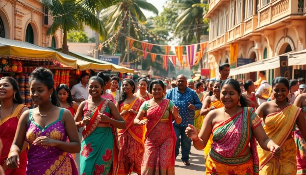 A vibrant street scene during Guyana's lively Diwali festival. In the foreground, colorfully dressed locals dance to the rhythm of traditional music, their joyful expressions captured in sharp focus. In the middle ground, stalls brimming with fragrant spices, handcrafted wares, and delectable sweets line the bustling thoroughfare. The background is framed by ornate, colonial-era buildings, their facades adorned with twinkling lights and decorative banners. Warm, golden sunlight bathes the entire scene, creating a festive, celebratory atmosphere. Capture the essence of Guyana's rich cultural heritage and the spirit of community during this vibrant annual celebration.