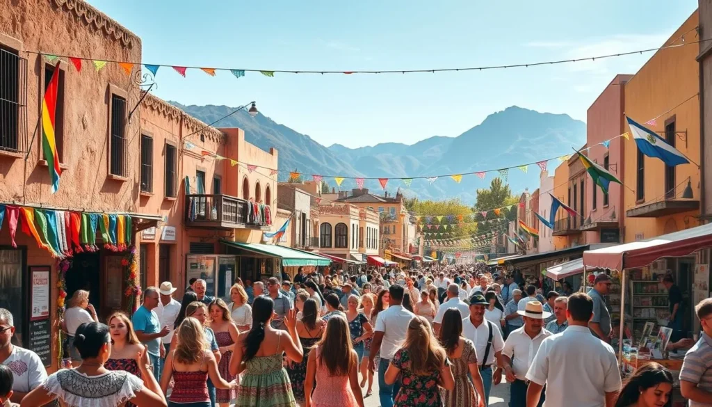 A vibrant street scene during a bustling Argentine festival, with colorful banners, flags, and streamers adorning the facades of traditional adobe buildings. In the foreground, a crowd of revelers dressed in lively, traditional costumes dances to the rhythmic beat of live music. In the middle ground, vendors sell an array of handcrafted goods, local cuisine, and refreshing beverages. The background is filled with towering mountains and a clear, azure sky, creating a picturesque backdrop for the celebratory atmosphere. The scene is bathed in warm, golden sunlight, casting a festive glow over the entire composition.