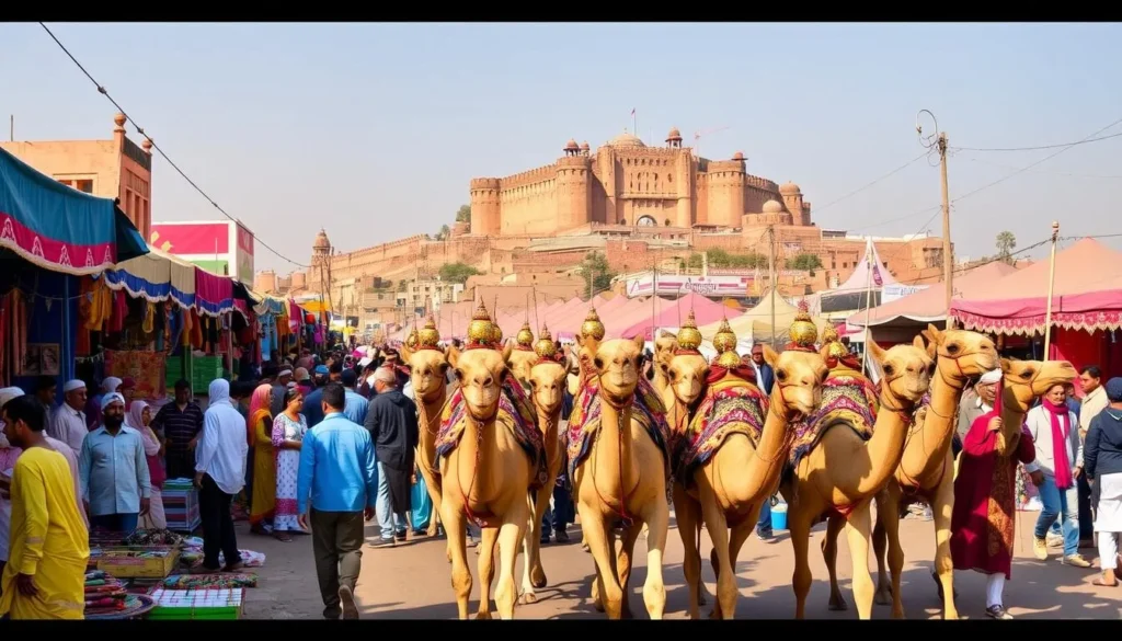 A vibrant street scene during the Pushkar Camel Fair in Ajmer, Rajasthan. Colorful tents and stalls line the bustling marketplace, filled with locals and visitors haggling over handicrafts and textiles. In the foreground, a group of camel traders lead their prized animals through the crowd, their ornate saddles and decorations glinting in the warm afternoon sunlight. In the background, the iconic Taragarh Fort rises majestically, overlooking the lively festivities below. The atmosphere is lively and energetic, capturing the spirit of Ajmer's renowned annual celebration.