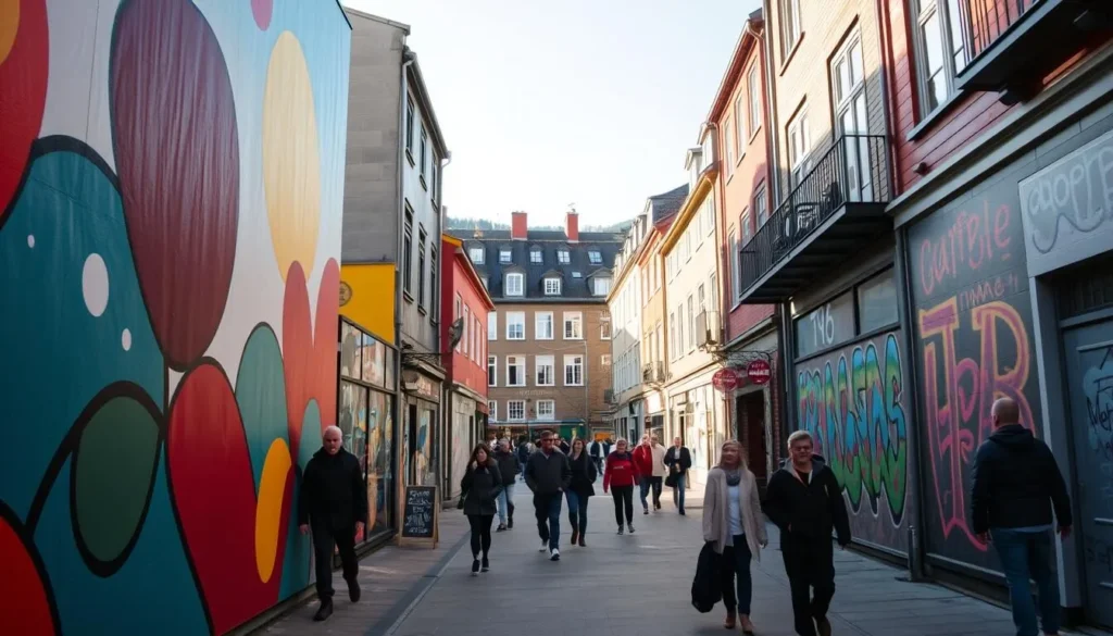 A vibrant street scene in Bodo, Norway, showcasing the city's thriving public art scene. The foreground features a large mural, its bold colors and abstract shapes commanding attention. In the middle ground, passersby stroll along the sidewalk, taking in the lively urban landscape. The background is filled with charming buildings, their facades adorned with additional murals and graffiti art, creating a visually captivating and immersive experience. The scene is bathed in warm, natural light, casting a sense of liveliness and energy. Capture this dynamic and creative atmosphere using a wide-angle lens to fully encapsulate the breadth of Bodo's vibrant street art.