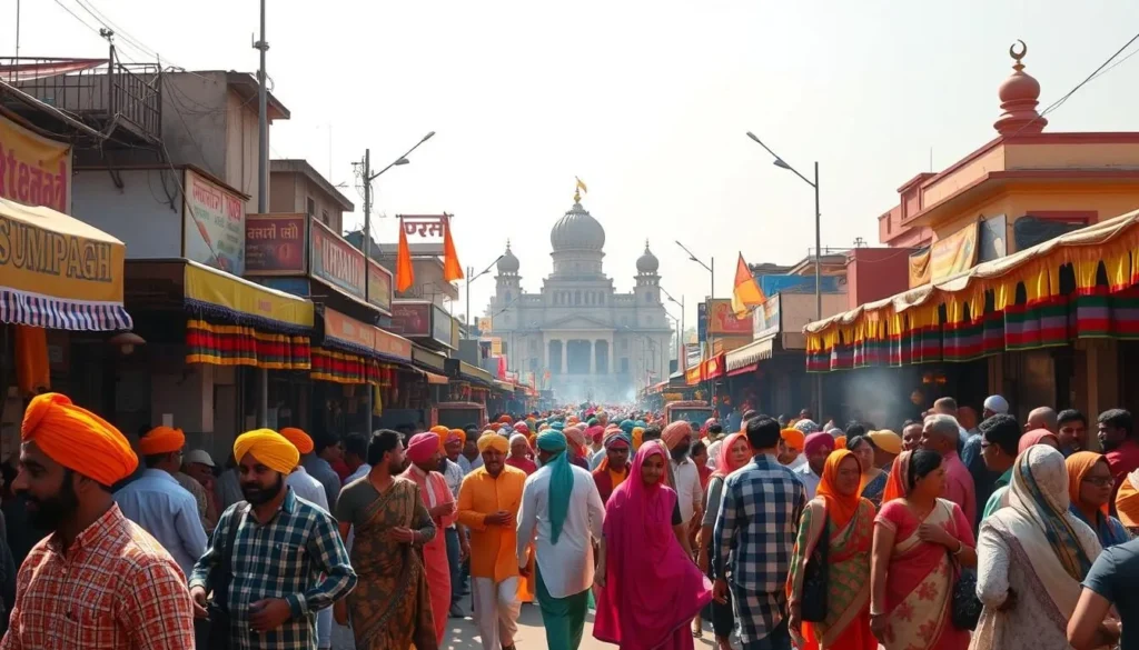 A vibrant street scene in Chandigarh, India, bustling with a colorful Punjabi festival. Lively crowds gather under the warm afternoon sun, adorned in traditional attire - men in ornate turbans and kurtas, women in flowing, embroidered sarees. Vendors line the streets, selling fragrant spices, incense, and handcrafted wares. In the middle distance, a grand, modern architectural structure stands as a backdrop, juxtaposing the ancient cultural traditions. The air is filled with the sounds of devotional music, laughter, and the chatter of excited festival-goers. An atmospheric, vibrant, and immersive representation of Chandigarh's vibrant festival culture.
