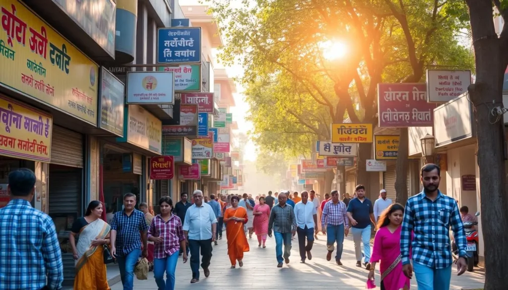 A vibrant street scene in Chandigarh, India, showcasing the city's diverse linguistic landscape. Colorful storefronts and shop signs display a variety of scripts and languages, reflecting the multicultural nature of the population. Pedestrians of different ages and backgrounds stroll along the lively sidewalks, their conversations a harmonious blend of Punjabi, Hindi, English, and other regional tongues. Warm sunlight filters through the trees, casting a golden glow on the bustling scene. The scene conveys a sense of energy, cultural exchange, and the coexistence of official and widely spoken languages that define Chandigarh's unique linguistic identity.