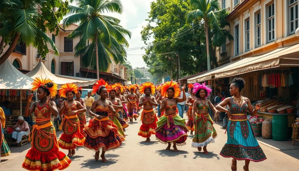 A vibrant street scene in Georgetown, Guyana, on a sunny afternoon. In the foreground, a colorful parade of dancers adorned in traditional Guyanese costumes, their movements graceful and energetic. In the middle ground, a bustling open-air market, stalls overflowing with vibrant fabrics, handcrafted jewelry, and spices. The background features a mix of colonial-era architecture and lush tropical foliage, casting warm, soft lighting across the scene. The overall atmosphere is one of celebration, culture, and community, capturing the essence of Guyana's rich heritage.