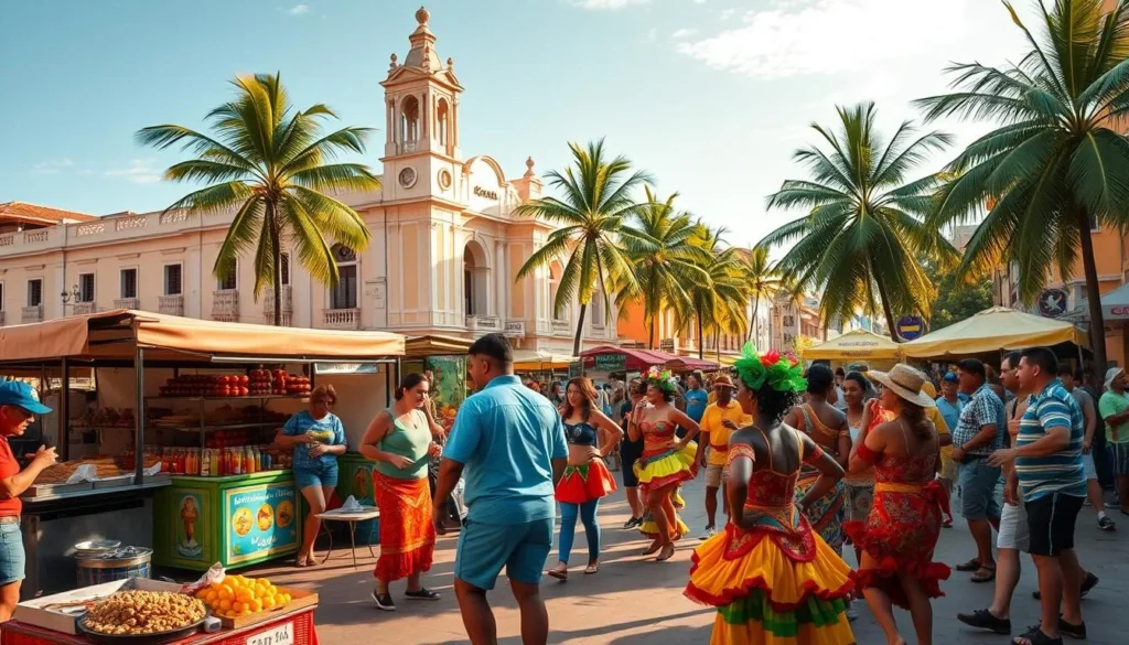A vibrant street scene in Guaruja, Brazil, showcasing the essence of Brazilian culture. In the foreground, a group of locals engage in a lively samba performance, their colorful costumes and energetic movements capturing the rhythmic energy of the region. In the middle ground, vendors sell an array of traditional Brazilian cuisine, from sizzling churrasco to freshly-squeezed tropical juices. The background reveals the iconic architecture of Guaruja, with its colonial-style buildings and lush palm trees, bathed in warm, golden sunlight that casts a inviting glow over the entire scene. The overall atmosphere is one of joyous celebration, inviting the viewer to immerse themselves in the vibrant tapestry of Brazilian culture. A vibrant street scene in Guaruja, Brazil, showcasing the essence of Brazilian culture. In the foreground, a group of locals engage in a lively samba performance, their colorful costumes and energetic movements capturing the rhythmic energy of the region. In the middle ground, vendors sell an array of traditional Brazilian cuisine, from sizzling churrasco to freshly-squeezed tropical juices. The background reveals the iconic architecture of Guaruja, with its colonial-style buildings and lush palm trees, bathed in warm, golden sunlight that casts a inviting glow over the entire scene. The overall atmosphere is one of joyous celebration, inviting the viewer to immerse themselves in the vibrant tapestry of Brazilian culture.