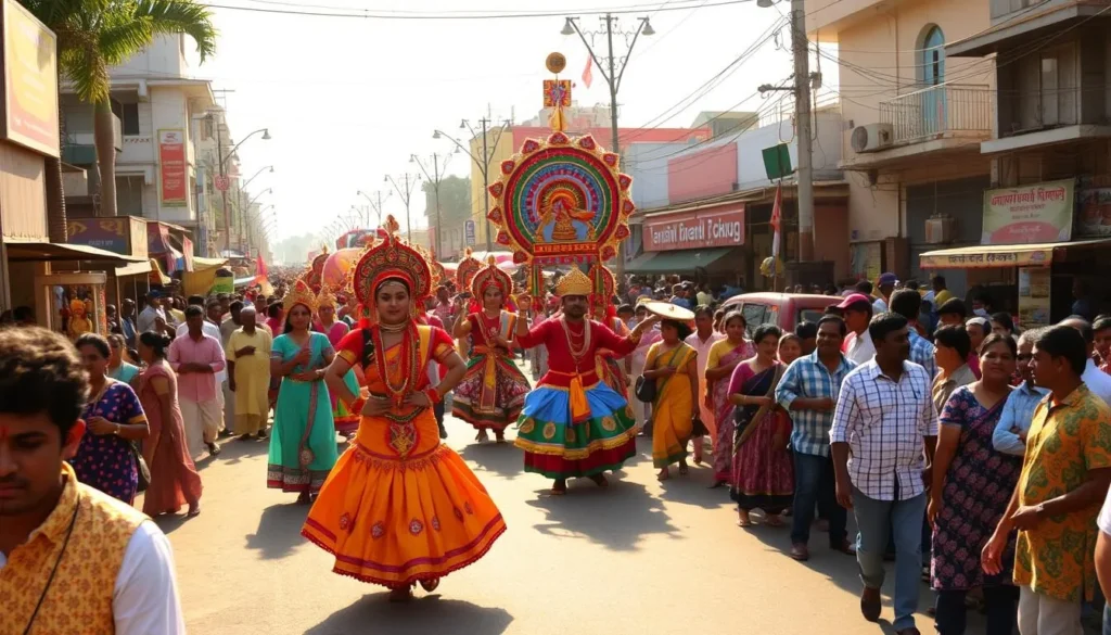 A vibrant street scene in Guntur, Andhra Pradesh during a local festival. The foreground features a colorful parade with elaborately costumed dancers and musicians performing traditional dances. In the middle ground, vendors sell handcrafted goods and delicious street food. The background showcases the lively hustle and bustle of the crowd, with people of all ages celebrating joyfully. The scene is bathed in warm, golden sunlight, creating a festive and celebratory atmosphere. Capture the energy, culture, and community of this important regional festival.