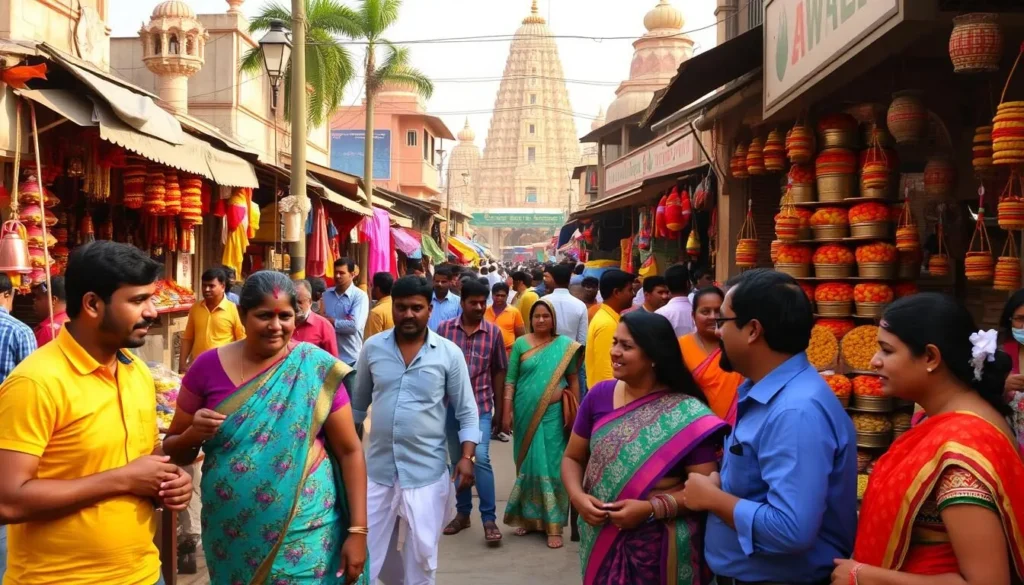 A vibrant street scene in Guntur, Andhra Pradesh, showcasing the rich cultural tapestry of the region. In the foreground, colorfully dressed locals engage in lively conversation, their gestures and expressions conveying a sense of warmth and community. The middle ground features a bustling market, with vendors selling an array of traditional handicrafts, spices, and textiles, all bathed in the warm glow of the midday sun. In the background, towering temples and ornate architecture stand as a testament to the region's deep-rooted cultural heritage. The overall scene captures the essence of Guntur's vibrant cultural experiences, inviting the viewer to immerse themselves in the sights, sounds, and rhythms of this captivating city.