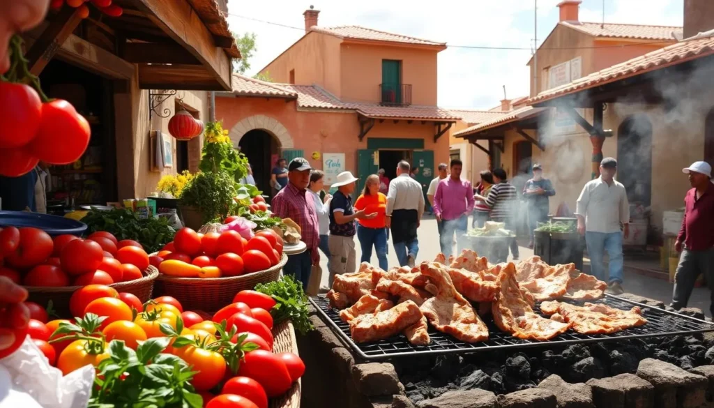 A vibrant street scene in Huancayo, Peru, showcasing the city's rich culinary delights. In the foreground, a bustling open-air market stall displays an array of colorful local produce - juicy tomatoes, vibrant peppers, and fragrant herbs. In the middle ground, a group of locals gather around a charcoal grill, where tender pieces of meat sizzle and smoke, filling the air with tantalizing aromas. In the background, traditional adobe buildings with red-tiled roofs frame the scene, under a bright, sun-dappled sky. The overall atmosphere is one of lively energy, celebrating the vibrant and flavorful culinary traditions of Huancayo.