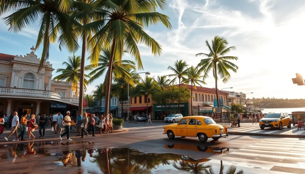 A vibrant street scene in Paramaribo, Suriname's bustling capital. Lush palm trees sway in the gentle breeze, casting dappled shadows on the colorful colonial buildings. Locals and tourists mingle, carrying shopping bags and pausing to admire the intricate architecture. A classic yellow taxi navigates the busy intersection, its reflection rippling in a nearby puddle. Warm sunlight filters through wispy clouds, illuminating the bustling marketplace where vendors offer an array of tropical fruits and spices. In the distance, the iconic Waterkant promenade lines the Suriname River, beckoning visitors to explore this unique blend of Dutch and Creole cultures.