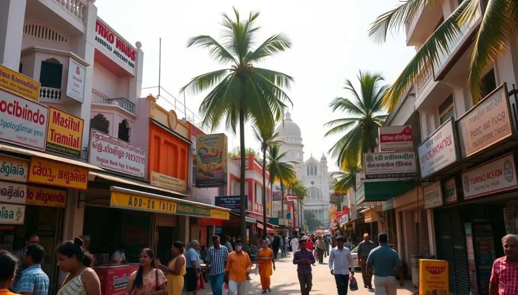 A vibrant street scene in Puducherry, showcasing the diverse linguistic landscape of this coastal town. In the foreground, a bustling marketplace with vendors calling out in multiple languages - Tamil, French, and Telugu. The middle ground features a mix of colonial-era buildings and modern shops, their facades adorned with colorful signage in various scripts. In the background, the iconic Aurobindo Ashram stands tall, a testament to the town's spiritual heritage. Warm sunlight filters through the palm trees, casting a golden glow over the entire scene. The overall mood is lively, welcoming, and reflective of Puducherry's unique cultural fusion.