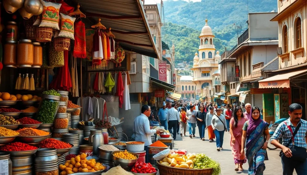 A vibrant street scene in Siliguri, West Bengal, showcasing the city's rich culinary heritage. In the foreground, a bustling market stall overflows with vibrant spices, fresh produce, and sizzling street food delicacies. Aromas of curries, samosas, and chutneys waft through the air, enticing passersby. In the middle ground, a mix of locals and tourists navigate the lively streets, admiring the colorful storefronts and bustling activity. The background is filled with the iconic architecture of Siliguri, a blend of colonial and contemporary styles, set against a backdrop of lush, verdant hills. Warm, golden sunlight bathes the scene, creating a welcoming and inviting atmosphere for food lovers to explore the delights of Siliguri's culinary landscape.