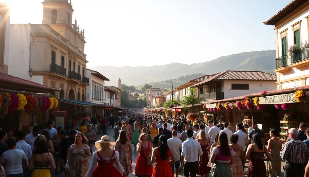 A vibrant street scene in a Colombian city, bustling with colorful festivals. In the foreground, crowds of people in traditional costumes dance to the rhythmic beats of live music. Stalls selling handcrafted wares, fragrant street food, and flower displays line the cobblestone streets. In the middle ground, towering colonial buildings with ornate balconies and tile roofs provide a historic backdrop. Warm, golden sunlight filters through the scene, casting a festive glow. In the distance, the silhouettes of lush, rolling hills create a picturesque setting for this celebration of Colombian culture and heritage.