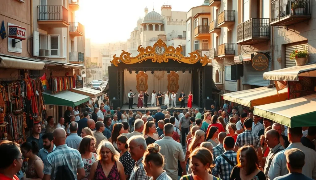 A vibrant street scene in a bustling Lebanese town, filled with the energy of a lively festival. In the foreground, colorful stalls and vendors offer an array of traditional wares, from handcrafted jewelry to fragrant spices. Crowds of people mill about, laughing and chatting, immersed in the festive atmosphere. In the middle ground, a stage stands ready, its backdrop adorned with ornate Lebanese architecture. Musicians and dancers prepare to take the stage, their vibrant costumes and lively movements adding to the celebratory mood. In the background, the warm glow of the sun filters through the buildings, casting a golden hue over the entire scene. The lighting is soft and natural, capturing the relaxed and joyful ambiance of the Lebanese festival.