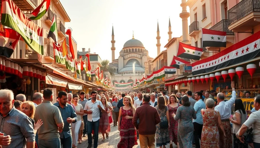 A vibrant street scene in a bustling Syrian city, with colorful flags and banners adorning the buildings. In the foreground, a lively crowd gathers, celebrating a religious or national holiday. Men, women, and children in traditional dress dance and cheer, their faces alight with joy. Vendors sell festive treats and trinkets from stalls lining the cobblestone streets. The warm, golden sunlight casts a celebratory glow, while the sound of music and laughter fills the air. In the background, the iconic domes and minarets of a historic mosque stand tall, a testament to the country's rich cultural heritage.