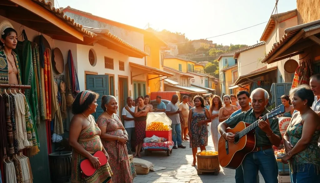 A vibrant street scene in a quaint Brazilian coastal town, bathed in warm, golden sunlight. In the foreground, a group of local artisans showcase their handcrafted wares - vibrant textiles, intricate woodcarvings, and delicate jewelry. Nearby, a musician plays a soulful melody on a traditional instrument, drawing a crowd of captivated onlookers. In the middle ground, colorful stalls offer an array of regional delicacies, from freshly grilled seafood to fragrant tropical fruits. In the background, colonial-style buildings with tiled roofs and colorful facades line the narrow, winding streets, creating a charming, authentic atmosphere. A gentle breeze carries the scent of spices and the laughter of the friendly locals, inviting the viewer to immerse themselves in the rich cultural tapestry of Ilha do Frances.