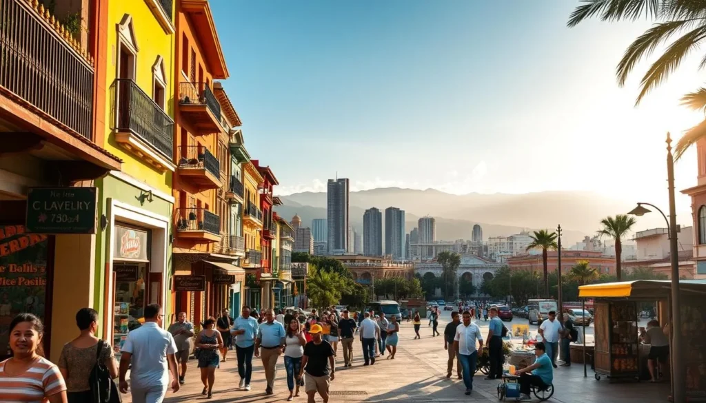 A vibrant street scene in the heart of Caracas, Venezuela. In the foreground, locals navigate bustling sidewalks, colorful storefronts, and traditional architecture. The middle ground reveals a lively plaza, with people relaxing on benches and street vendors offering local goods. In the background, towering skyscrapers and the distant Avila mountains create a stunning urban landscape, bathed in warm, golden sunlight. The atmosphere is one of energy, culture, and the vibrant spirit of this captivating city. Captured with a wide-angle lens to showcase the dynamic cityscape.