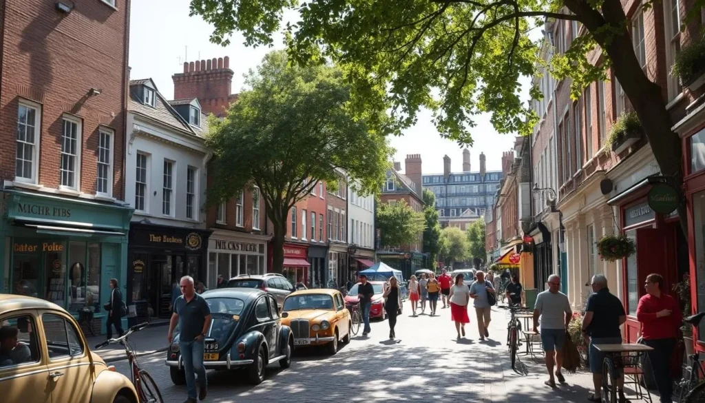 A vibrant street scene in the heart of Hackney, London. Cobblestone sidewalks bustling with local residents and visitors exploring eclectic shops, independent eateries, and lively pubs. Sunlight filters through a canopy of trees, casting a warm glow on the colorful facades of Georgian townhouses. In the foreground, people casually stroll past vintage vehicles and bicycles, while in the middle ground, a group of friends chat animatedly outside a cozy café. In the background, the skyline is dotted with the iconic spires and brick chimneys that give Hackney its distinctive character. The atmosphere is one of community, creativity, and a celebration of the neighborhood's unique charm.