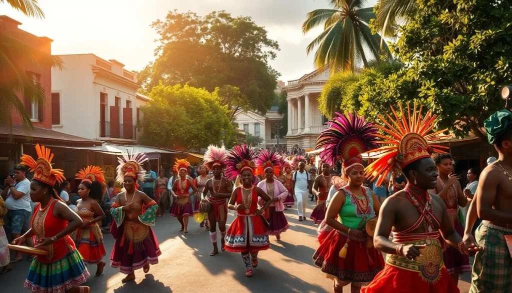 A vibrant street scene in the heart of Suriname, capturing the essence of its cultural celebrations. In the foreground, a lively parade with costumed dancers and musicians, their intricate outfits and instruments reflecting the country's diverse heritage. The middle ground showcases a colorful marketplace, with stalls offering traditional Surinamese cuisine and handicrafts. In the background, colonial-era buildings and lush greenery create a picturesque setting, bathed in warm, golden sunlight that filters through the scene. The atmosphere is one of joy, energy, and a celebration of Suriname's rich cultural tapestry.