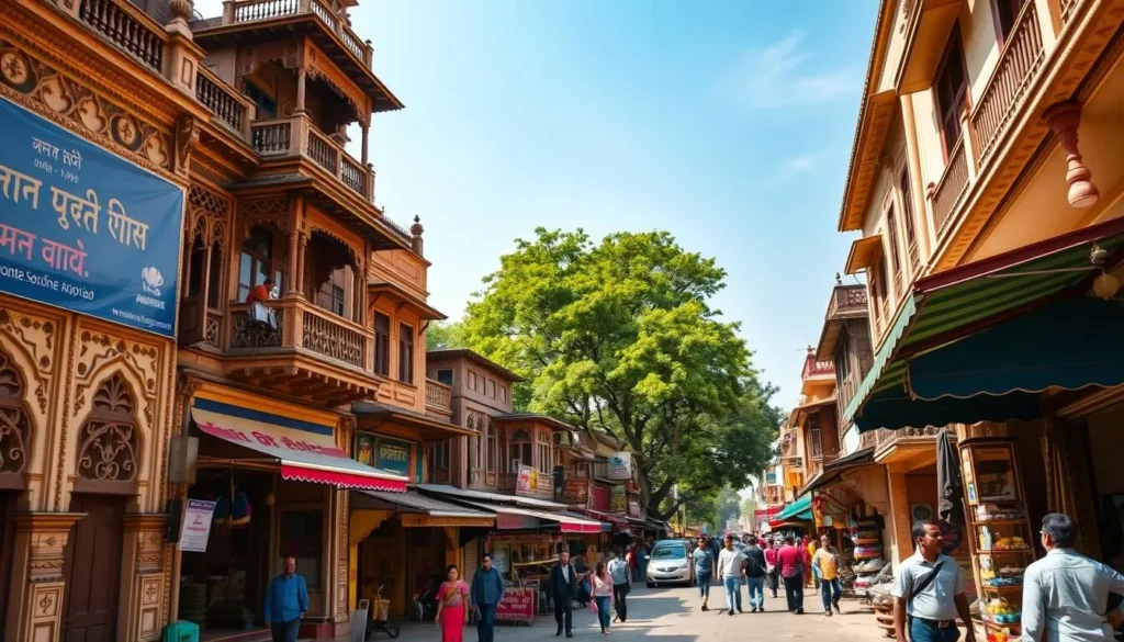 A vibrant street scene in the historic Sangli-Miraj-Kupwad region of Maharashtra, India. In the foreground, intricate architectural details adorn the facades of century-old buildings, showcasing the region's rich cultural heritage. Colorful awnings and bustling shops create a lively atmosphere. In the middle ground, pedestrians and local vendors engage in their daily activities, adding to the authenticity of the scene. The background is framed by verdant trees and a clear, azure sky, lending a serene and picturesque ambiance. The warm, diffused sunlight illuminates the entire tableau, capturing the essence of this hidden gem of Maharashtra.
