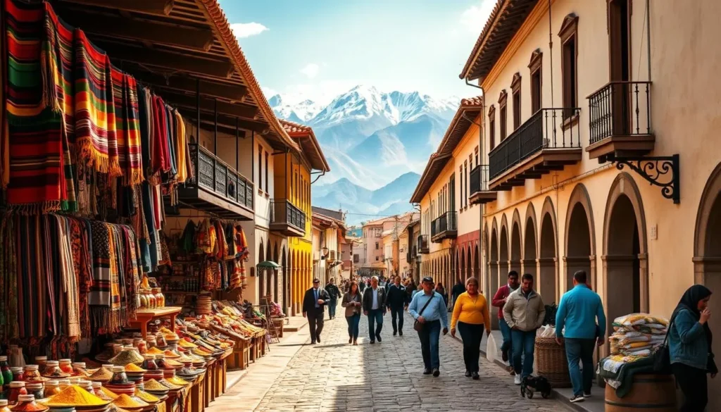 A vibrant street scene in the historic city of Cajamarca, Peru. In the foreground, colorful local vendors display their wares, from handwoven textiles to fragrant spices. In the middle ground, pedestrians stroll along the cobblestone streets, admiring the colonial architecture with its ornate balconies and tiled roofs. In the background, the majestic Andes mountains rise, their snow-capped peaks framing the scene. Warm, diffused sunlight bathes the entire composition, creating a welcoming, picturesque atmosphere. The image conveys the lively, authentic spirit of Cajamarca, enticing viewers to explore its vibrant culture and rich history.